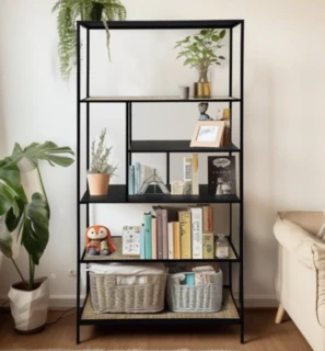 כוננית מתכת שחורה מדפים ראטן