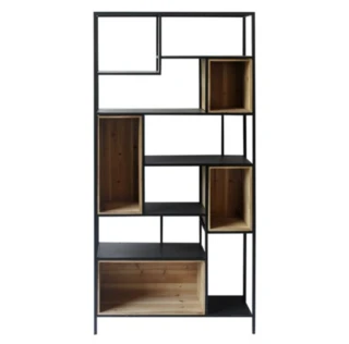 כוננית מתכת שחורה מדפים ארגזי עץ